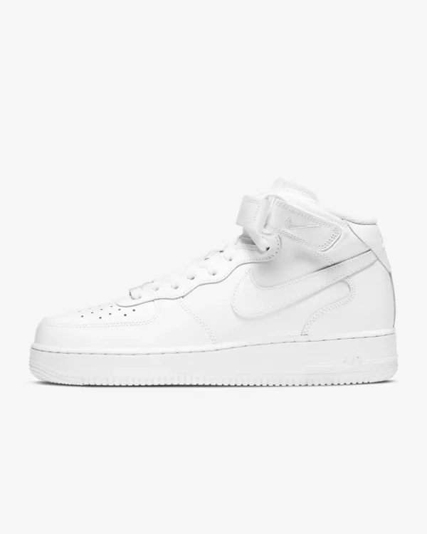 white nike airforce 1 mid in white background.