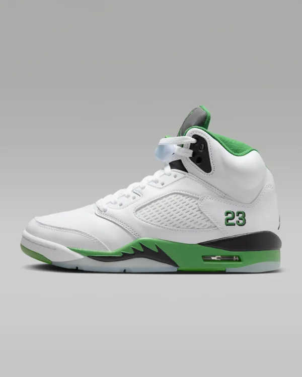 green air jordan retro 5 in a white background