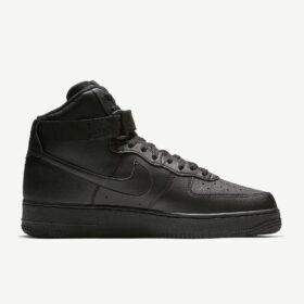 black nike airforce 1 high in white background.