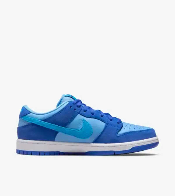 side view of blue sb dunk low