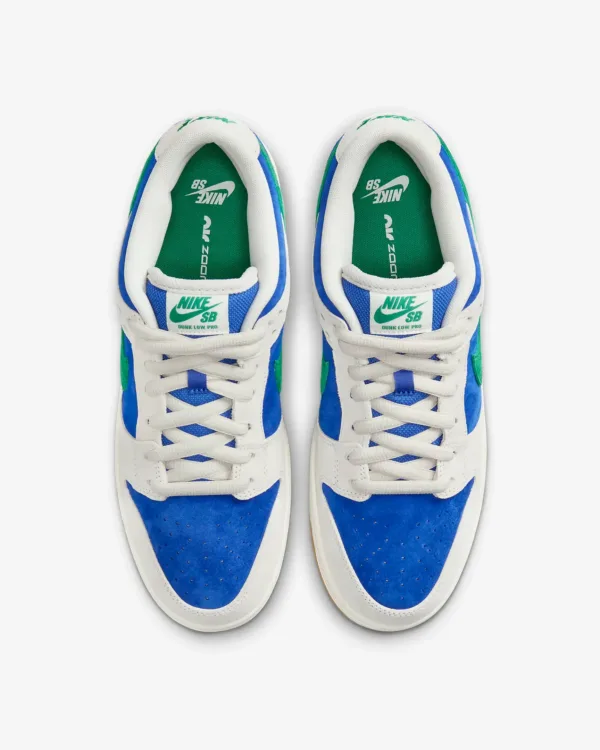 top view of blue sb dunk low pro