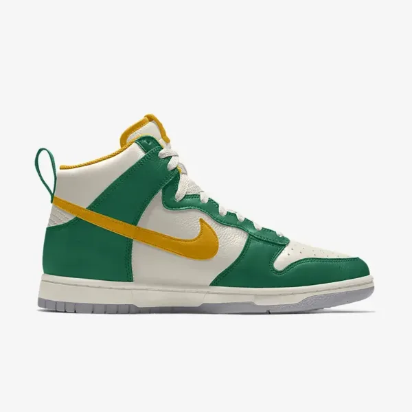 side view of green, orange, white nike dunk retro high