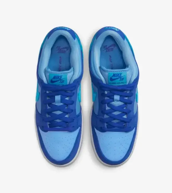 top view of blue sb dunk low