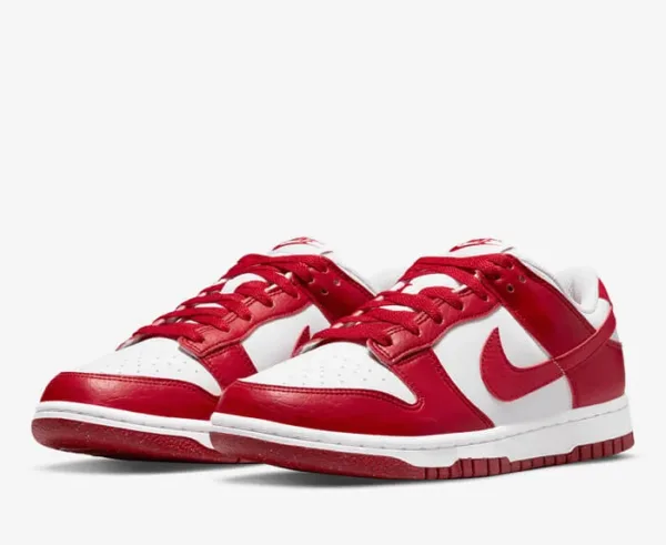 pair of red nike dunk in a white background side view