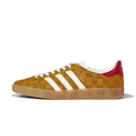 side view of adidas gazelle gucci beige brown